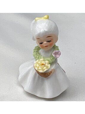 Napcoware Bone China Little Girl Figurine Holding Basket of Flowers 2" Tall Taiw